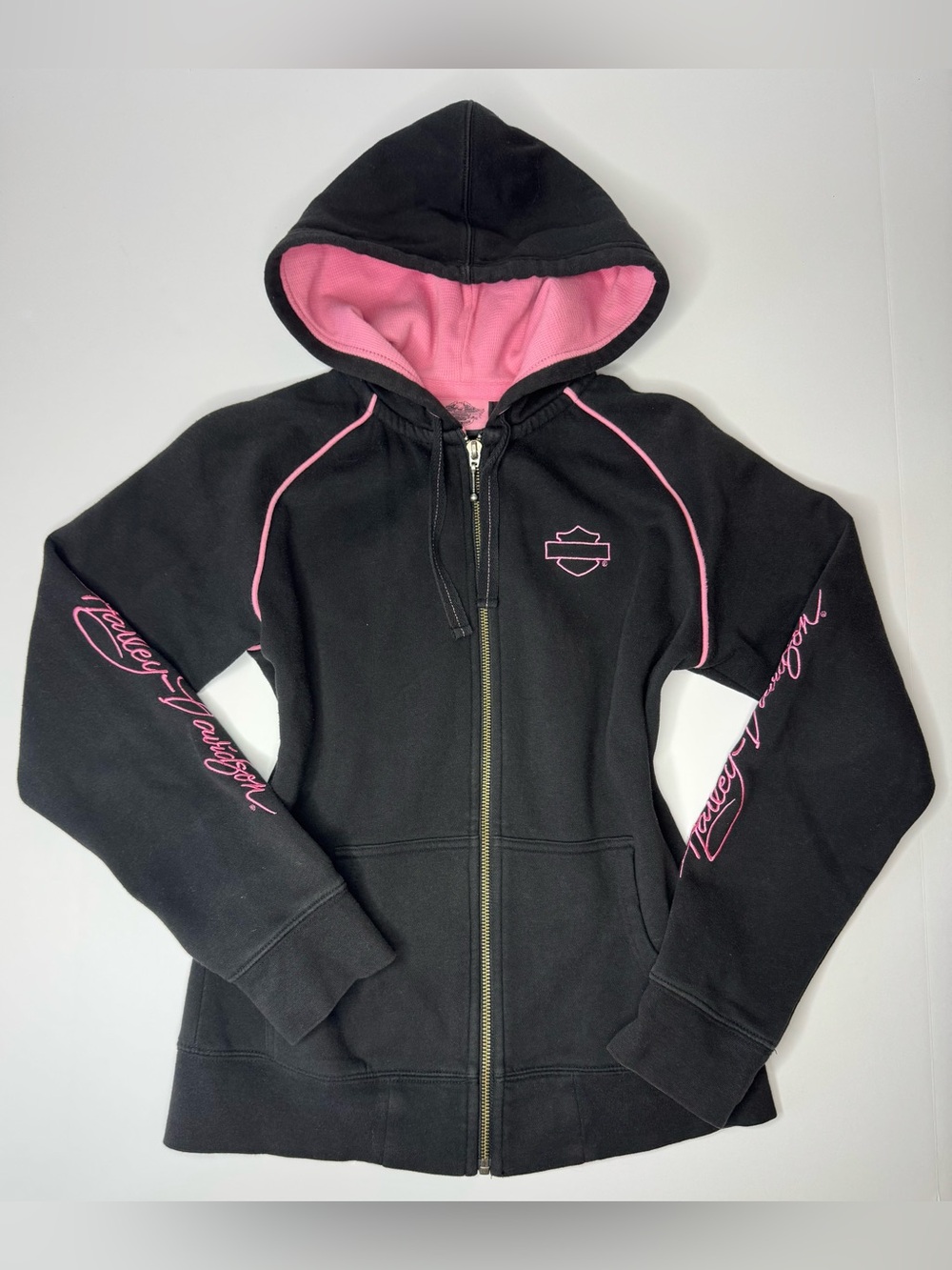 Harley Davidson Womens Zip Hoodie Small Black Pink Logo Biker